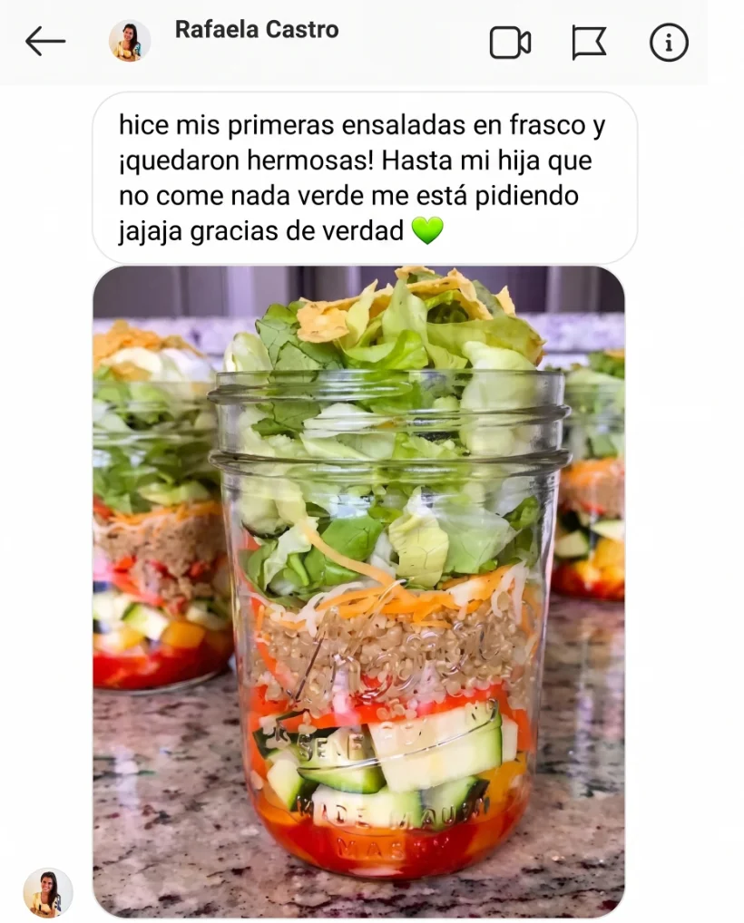 Mensaje de Rafaela Castro sobre las ensaladas en frasco