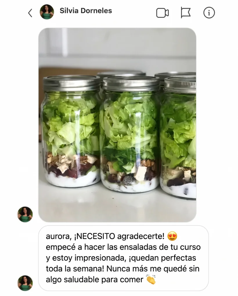 Mensaje de Silvia Dorneles sobre las ensaladas en frasco