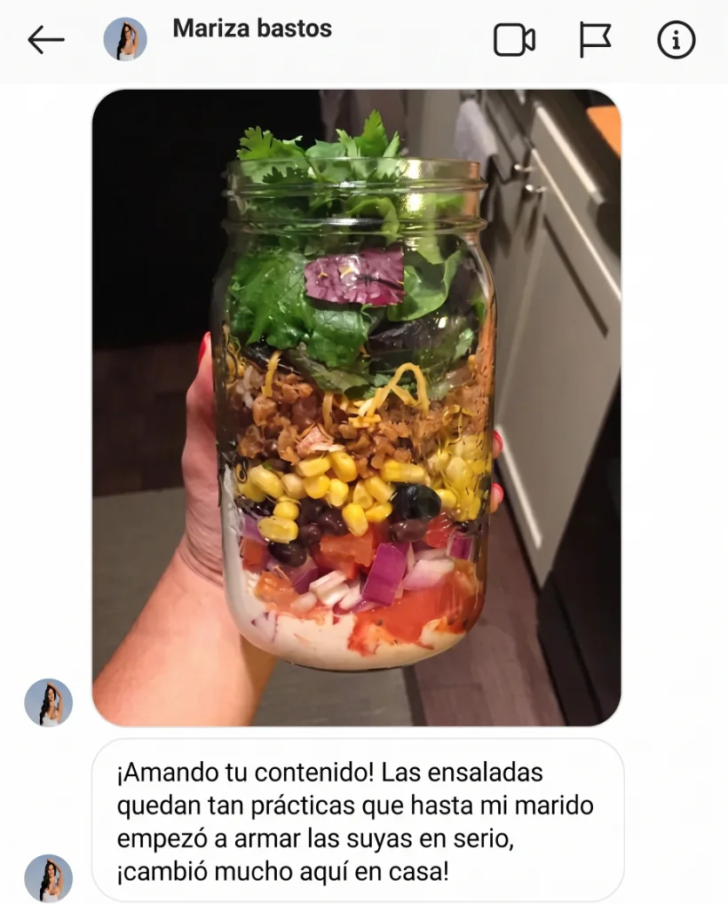 Mensaje de Mariza bastos sobre las ensaladas en frasco
